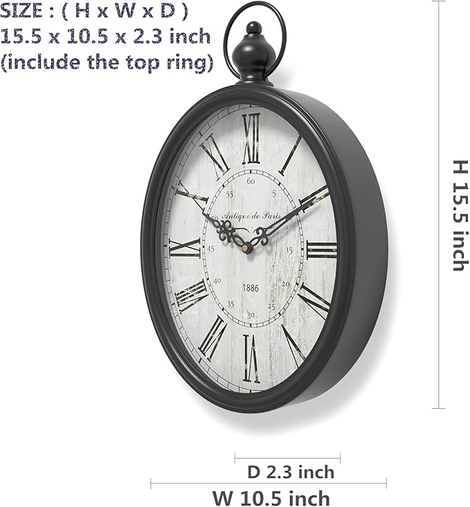 Menterry Oval Retro Wall Clock, Rustic Vintage Style, Black Antique Design, Battery Operated Silent Decor Large Wall Clocks for Kitchen,Farmhouse,Office (15.5" H x 10.5" W)-Ruum Studio Home