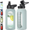 32 oz Glass Water Bottle with Straw and Handle, Sports Motivational Water Flask with Silicone Sleeve, Large Leakproof Water Flask Cup with Time Marker for Travel, Gym, Sage-Ruum Studio Home