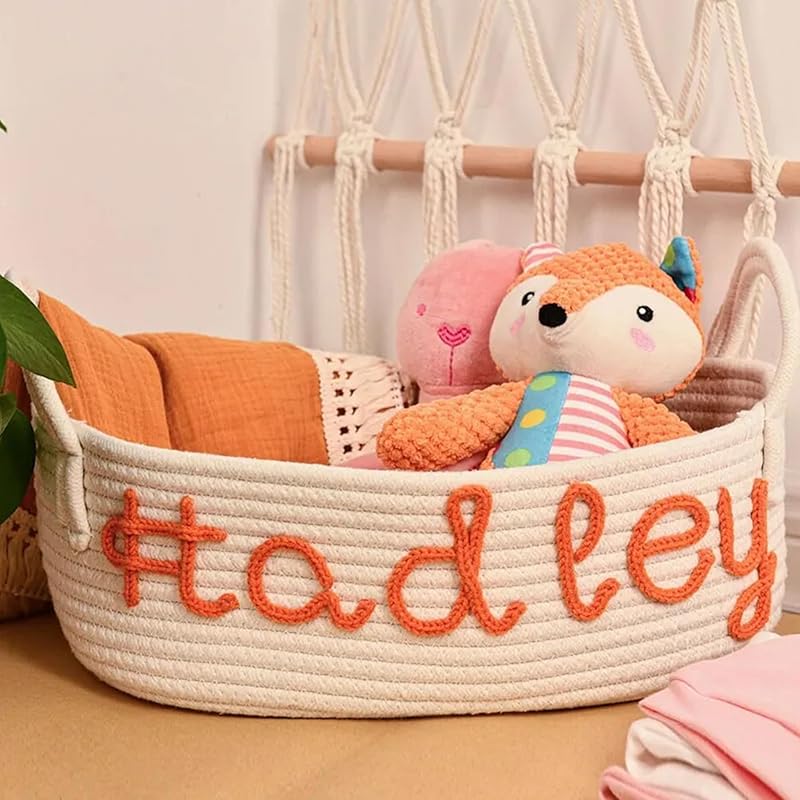 Personalized Baby Name Basket, Custom Woven Baby Shower Gift Basket with Cotton Rope Handle Baby Diaper Nursery Shelf Storage Basket Bin for Kids' Bedroom (Style 3)-Ruum Studio Home