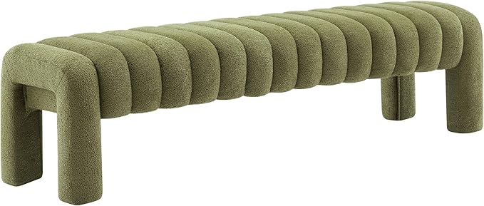63" Bedroom Bench, Upholstered Entryway Bench, Modern End of Bed Ottoman with Solid Wood Legs and Adjustable Foot Pegs for Entryway, Dining Room and Living Room, 440lbs (Green Boucle)-Ruum Studio Home