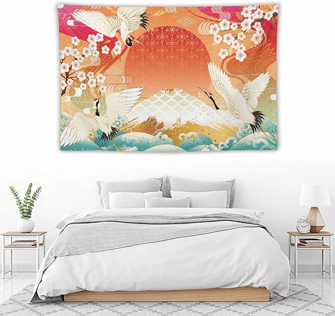 HZOHNAGO Japanese Tapestry Cherry Blossom Crane Sea Wave Fuji Mountain Red Sun Pattern Printed Wall Tapestry Painting Wall Hanging for Bedroom Living Room Dorm 90" W x 60" H-Ruum Studio Home