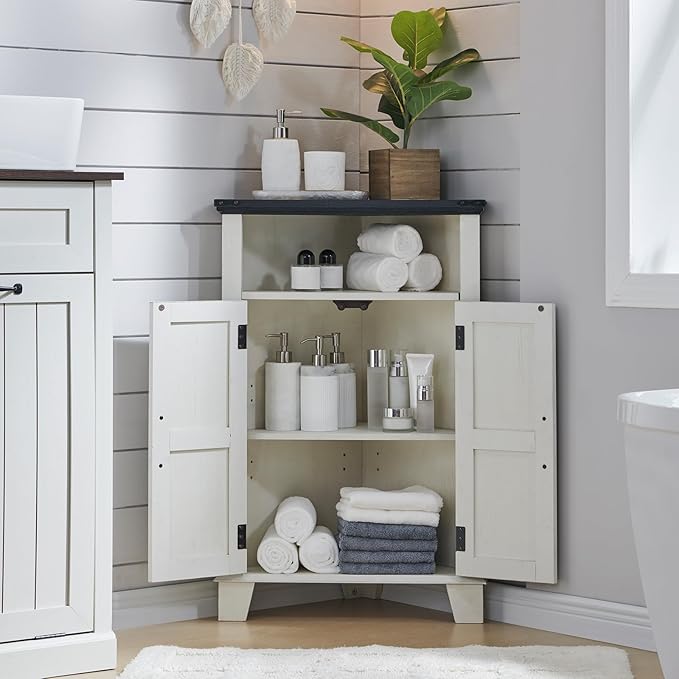 Corner Bathroom Cabinet, Farmhouse Small Corner Cabinet with Barn Door & Adjustable Shelf, Storage Cabinets for Bathroom, Kitchen, Living Room, Off White-Ruum Studio Home