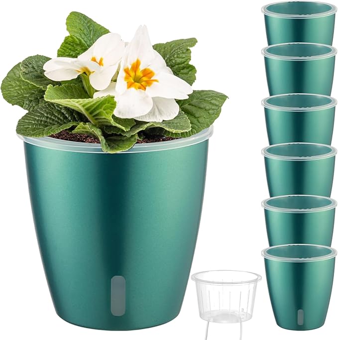Self Watering Pots for Indoor Plants, 6-Pack 5'' Self Watering Planter with Drainage Holes, Small African Violet Pots with Water Indicator, Clear Wick Orchid Pot, Blue Gold-Ruum Studio Home