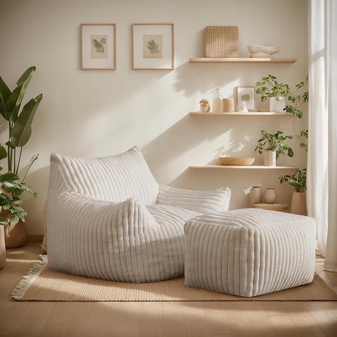 Giant Bean Bag Chairs for Adults, Oversized Chaise Lounge Chair Indoor with Memory Foam - Plush Boneless Lounger & Ottoman for Bedroom, Living Room, Gaming & Reading, Lazy Floor Sofa Chair, Beige-Ruum Studio Home