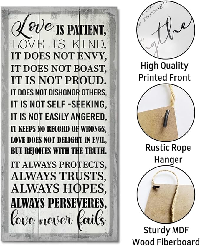 1 Corinthians 13:4-8 Inspirational Hanging Wood Decor Sign, Printed Wood Sign, Love is Patient, Love is Kind Quote, Hanging Bible Verses Woods Wall Signs, Rustic Home Decor Signs, Christian Gift J1-Ruum Studio Home