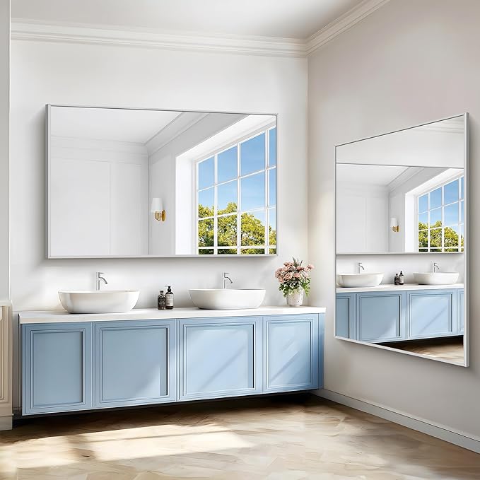 40x60inch Silver Bathroom Mirror, Silver Rectangle Mirror with Frame, Large Rectangular Wall Mirrors for Bathroom, Living Room, Hair Salon, Big Farmhouse Mirror Hang Horizontal/Vertical-Ruum Studio Home