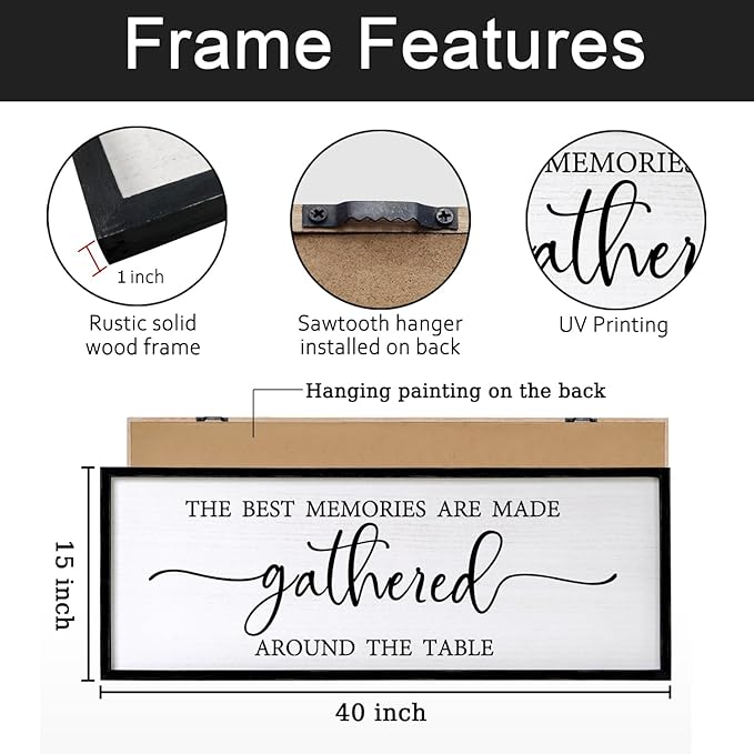 The Best Memories are Made Gathered Around The Table Sign Framed Wall Art, 40''×15'' Rustic Horizontal Plaque with Black Frame for Dinning Living Room, Long Home Family Wood Sign Wall Decor-Ruum Studio Home