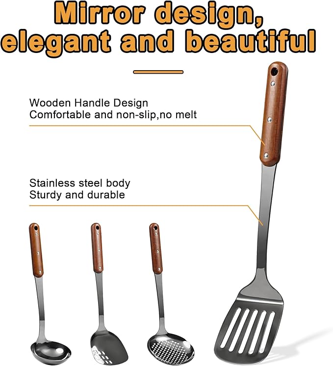 FJNATINH Stainless Steel Wok Spatula,Slotted Spatulas,Ladle,Skimmer Ladle Tool Set,Mirror Polished Cooking Utensils Kitchen Cookware, Pack of 4,Black-Ruum Studio Home