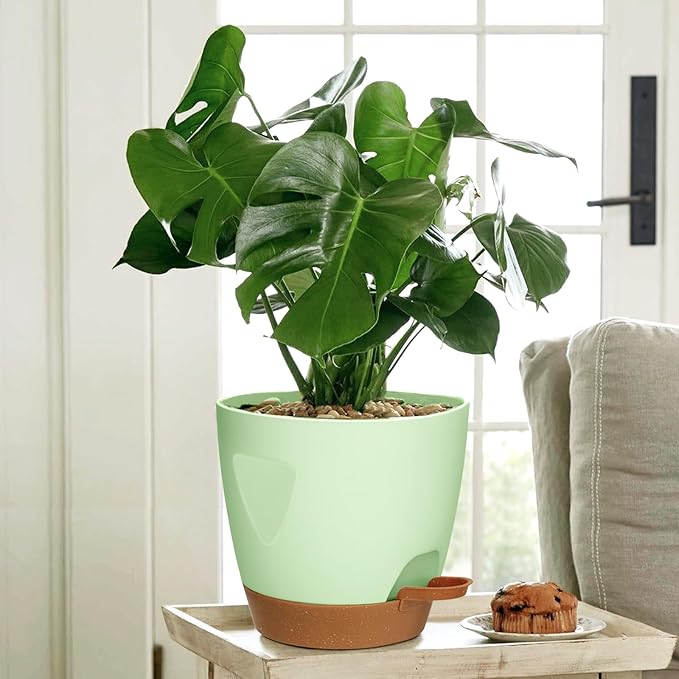 Uneed Indoor Self Watering Planters with Drainage Holes and Saucers, 7/6.5/6/5.5/5 Inch-5 Pots,for Indoor Plants, Herbs, Succulents-Green-Ruum Studio Home