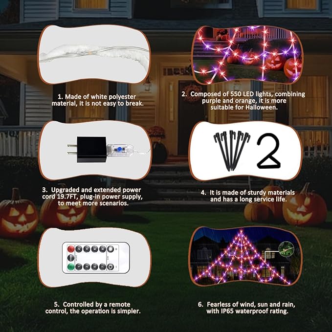 Halloween Spider Web Lights 550 LED Lighted Spider Web 16.4Ft Giant Halloween Decorations Light up with 8 Lighting Modes Waterproof & Timer for Indoor Outdoor House Haunted Yard Decor, Purple & Orange-Ruum Studio Home