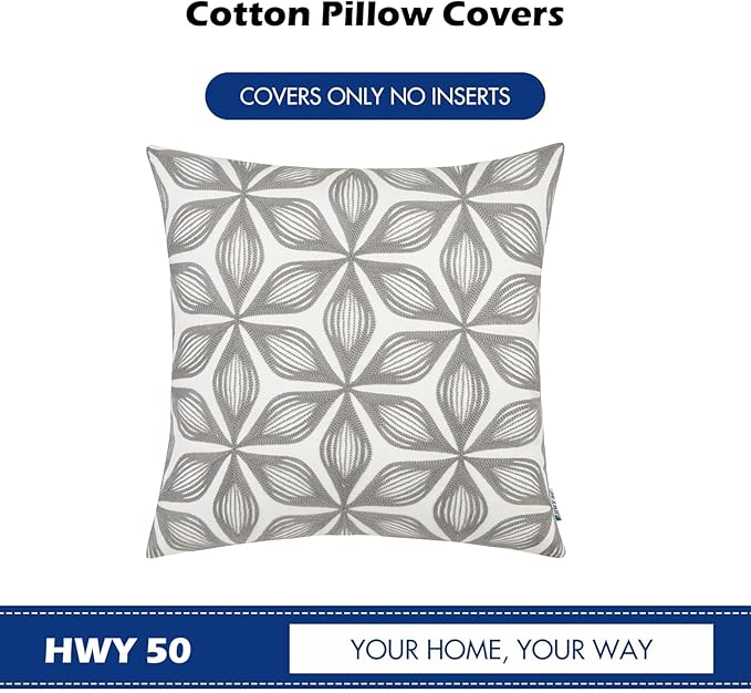 HWY 50 Grey Gray Decorative Throw Pillow Covers 18x18 Inch (1 Piece), Embroidered Cotton Farmhouse Cushion Cover Pillow Case for Sofa Couch Living Room Bed, Fashion Geometric-Ruum Studio Home