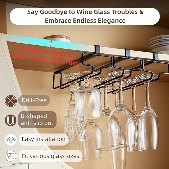 LINFIDITE Wine Glass Holder 2PCS Stemware Rack Hanger Under Cabinet Wine Glass Rack Kitchen Hanging Storage Rack Organizer,Black-Ruum Studio Home
