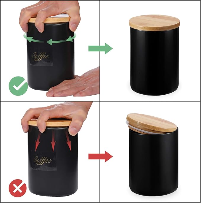 Yangbaga Black Canisters Sets for Kitchen-Set of 3 Coffee Canisters for Countertop with Airtight Wood Lids/Spoons/Stickers, Ceramic Food Storage Containers for Large Suger,Coffee,Tea (42/30/9OZ)-Ruum Studio Home