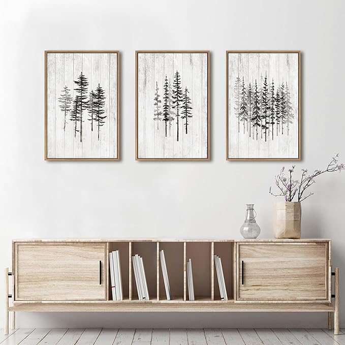 HPINUB Woodcut Style Pine Tree Framed Canvas Wall Art Set, Minimalist Modern Black and White Forest Wall Decor, Rustic Minimalist Canvas Painting for Living Room,Bedroom,Office Decor-16 x24 x3-Ruum Studio Home