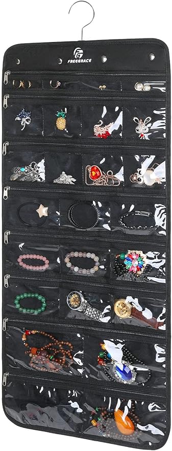 Freegrace Hanging Jewelry Organizer Revolving Hanger - Secure Zipper Closure - 25 Pockets,23 Hooks - Foldable Storage & Display Solution - for All Jewelry & Bijoux (Black)-Ruum Studio Home