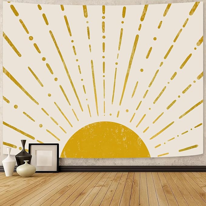 Kanuyee Gold Boho Burning Sun Tapestry Wall Hanging, Retro 70s Abstract Vintage Geometric Line Sunrise Tapestries for Bedroom Living Room Backdrop 60×80 inch-Ruum Studio Home