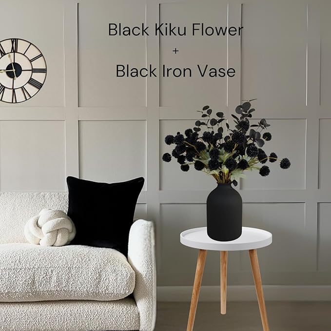 RyddeligHome Black Artificial Flowers for Centerpieces Bulk 10 Long Stems /50 Small Faux Silk Mum Balls + Black Eucalyptus Stems 2 Branches, Fall Boho Halloween Home Decor Indoor, Gothic Flowers-Ruum Studio Home