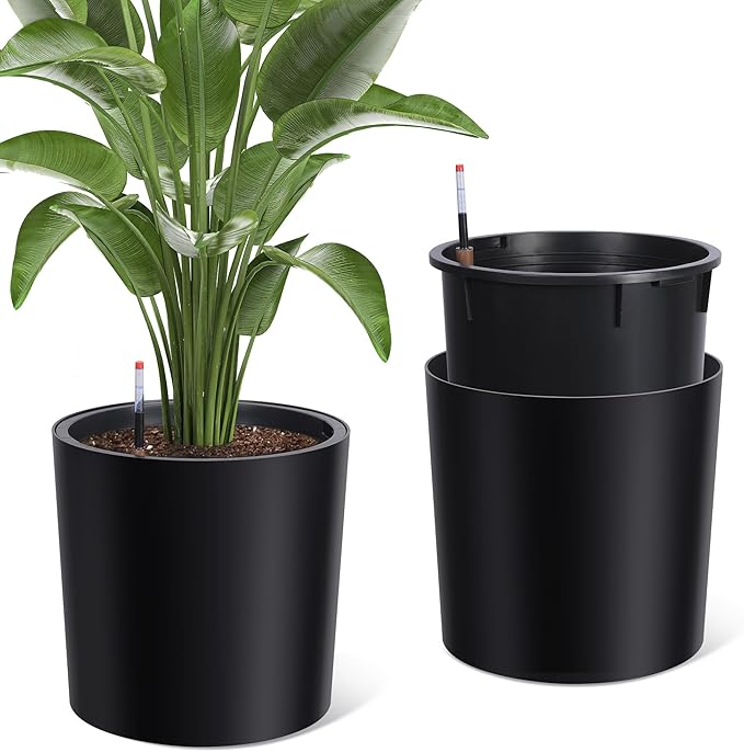 Tall Round Planter Set of 2, 19.5‘’ H x 19.9" Dia Large Planters for Indoor Plants with Built-in Drainage and a Water Level Monitor and Wheels for Patio, Porch, Living Room, or Home Office, Black-Ruum Studio Home
