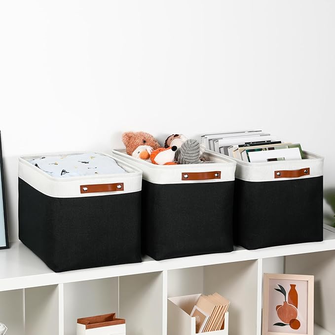 DULLEMELO Large Storage Baskets Fabric Storage Bins, Canvas Storage Basket for Shelf Toys, Decorative Large Storage Bins with Handle for Baby Gift(White&Black)-Ruum Studio Home