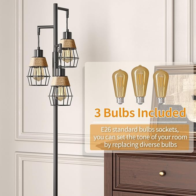 Oneach 68" Floor Lamps for Living Room, Stepless Dimmable Boho Floor Lamp with 3 Bulbs, Tall Farmhouse Industrial Corner Standing Tree Lamp for Bedroom, Office, Study Room, Dining Room, Black-Ruum Studio Home