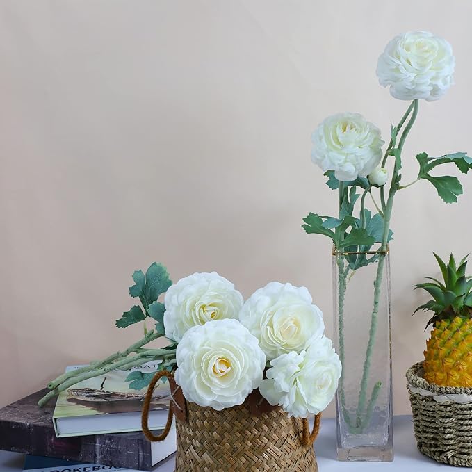 Artificial Ranunculus Long Stem Buttercup Silk Flowers 6pcs for Home Decor and Wedding Decorations(White 1)-Ruum Studio Home
