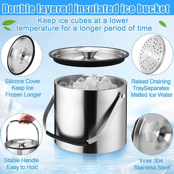 meekoo 4 L Double Wall Insulated Stainless Steel Ice Bucket with Lid, Scoop, Strainer, Handle Large Wine Ice Bucket Upgraded Cover Keep Frozen Longer for Cocktail Bar Parties(Silver)-Ruum Studio Home