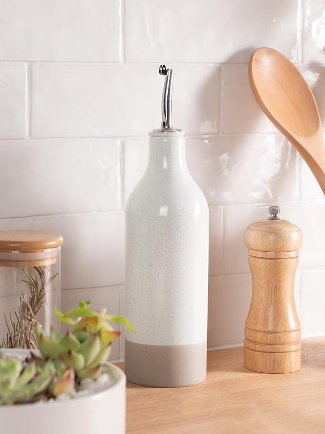famiware Milkyway 16oz Ceramic Olive Oil Dispenser Bottle, 1 Piece Oil Dispenser for Kitchen with Stainless Steel Pourers, Suitable for Storage Vinegar, Soy Sauce, Coffee Syrup, Liquids, White-Ruum Studio Home