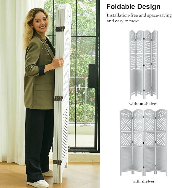 Room Divider with Shelves, 68.9inch Wood Carved and Louvered Wall Divider Freestanding, 4 Panels Folding Partition Screen for Bedroom Home Office (White)-Ruum Studio Home