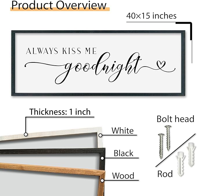 SRSZHIYUE Always Kiss Me Goodnight Sign Wall Decor Art for Master Bedroom Above Bed 40"×15" Large Wood Framed Wall Hanging (Black)-Ruum Studio Home