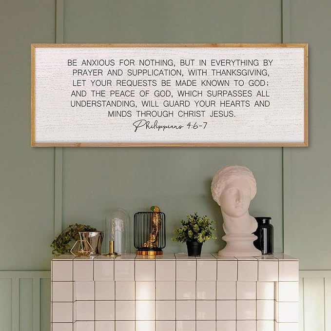 LuZhiQiang Be Anxious for Nothing Wall Decor 40"×15" Philippians 4:6-7 Bible Verse Sign Large Christian Scripture Wood Framed Hanging Decor (Wood)-Ruum Studio Home