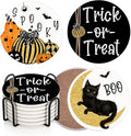 Coaster for Drinks Set of 6, Halloween Boo Black Cat Trick or Treat Spooky Pumpkin Bat Absorbent Round Ceramic Stone Mat, with Cork Base and Metal Holder, Gift for Housewarming Room Bar Decor-Ruum Studio Home