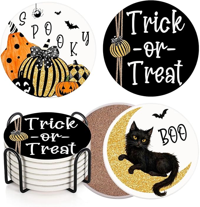 Coaster for Drinks Set of 6, Halloween Boo Black Cat Trick or Treat Spooky Pumpkin Bat Absorbent Round Ceramic Stone Mat, with Cork Base and Metal Holder, Gift for Housewarming Room Bar Decor-Ruum Studio Home
