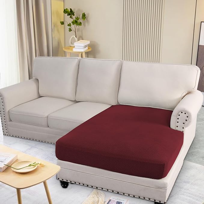 H.VERSAILTEX Super Stretch Individual Chaise Cover Sectional Couch Covers for L Shaped Sofa Both Left/Right Featuring Thick Jacquard Textured Twill Fabric (1 Piece Chaise Cover, Burgundy Red)-Ruum Studio Home