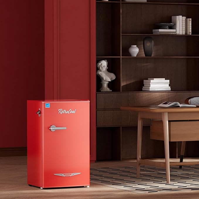 Upstreman 3.2 Cu.Ft Retro Mini Fridge with Bottle Opener, Energy Saving, Adjustable Thermostat, Metal Handle, LED Lamp, Mini Refrigerator for Bedroom, Office, Dorm-BR321 PRO (Red)-Ruum Studio Home