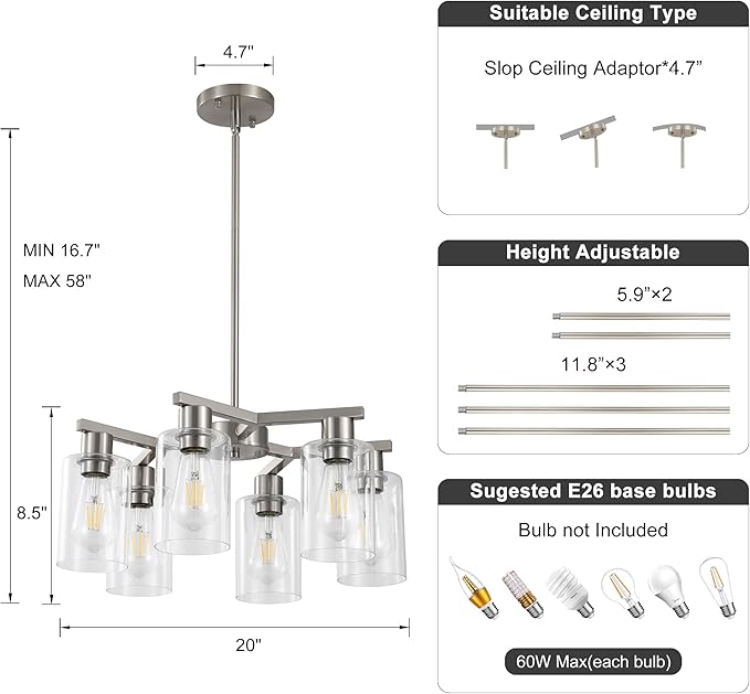 6-Light Farmhouse Brushed Nickel Chandelier,Modern Chandeliers for Dining Room Light Fixture Over Table,Adjustable Hanging Industrial Rustic Pendant Lights Kitchen Island Light with Clear Glass Shade-Ruum Studio Home