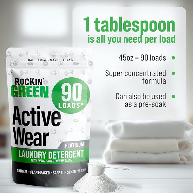 Rockin' Green Laundry Detergent, Plant based, All Natural Laundry Detergent Powder, Vegan and Biodegradable Odor Fighter, Safe for Sensitive Skin (Active Wear 90 Loads - Unscented)-Ruum Studio Home
