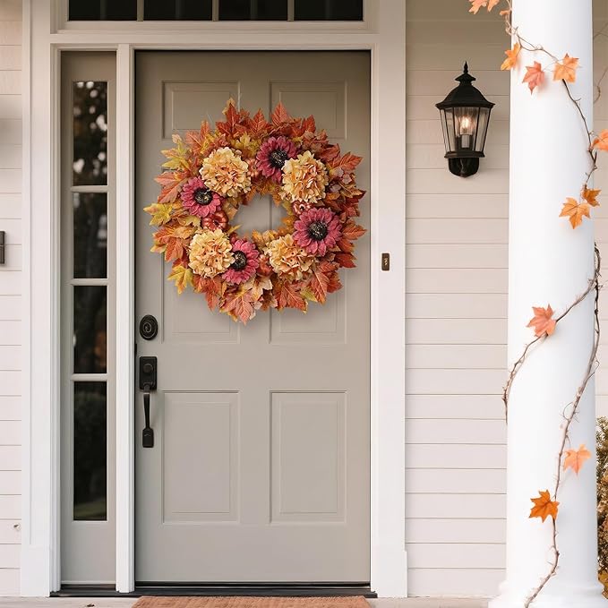28'' Large Fall Wreath for Front Door, Porch, Window- Artificial Maple Leaves Faux Sunflower Hydrangea Pumpkins Outdoor Autumn Wreath for Home, Farmhouse Wall Thanksgiving Day Harvest Festival Decor-Ruum Studio Home