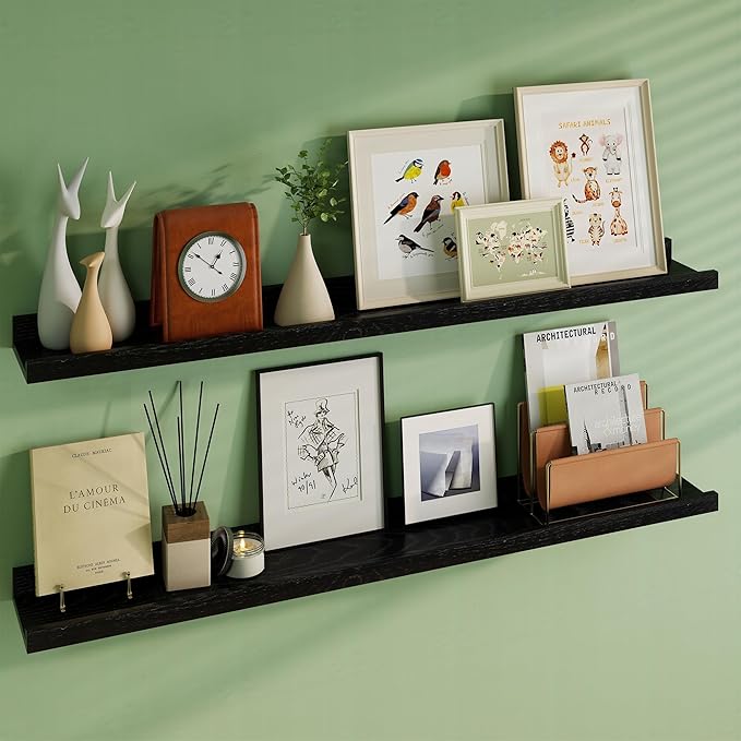 Floating Picture Ledge Shelves 48 Inch Solid Oak Wood Set of 2, Rustic Wall Storage Shelves with Lip, Kids Bookshelf, Photo & Picture Ledge Shelves for Bedroom, Living Room, Kitchen-Ruum Studio Home