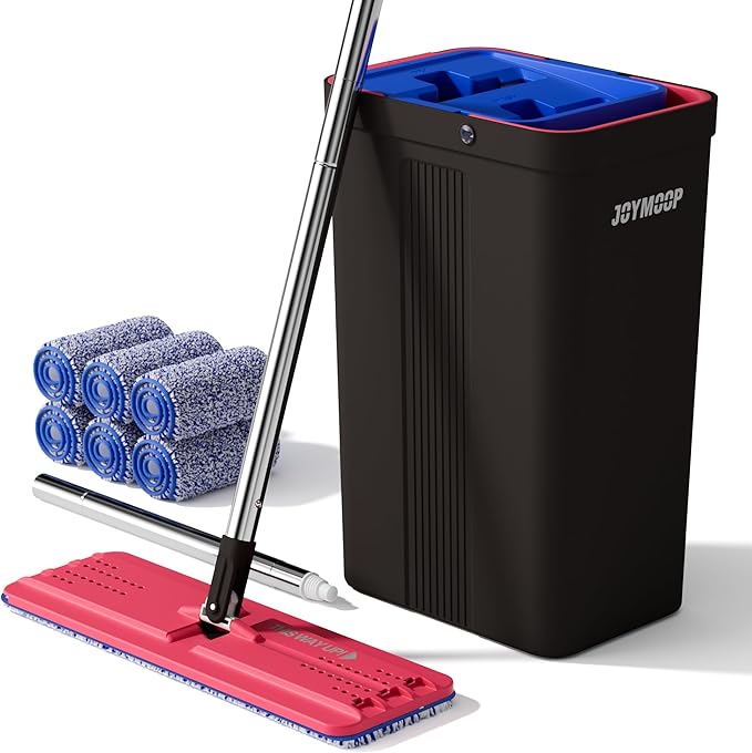 JOYMOOP Mop and Bucket with Wringer Set, Hands Free Flat Floor Mop and Bucket, with 6 Washable Microfiber Pads, Wet and Dry Use, Floor Cleaning System - Black+Red+Slate Blue-Ruum Studio Home