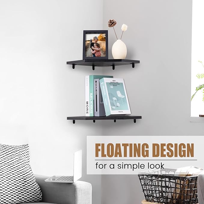 Corner Shelf Wall Mount, Floating Corner Shelves, Set of 2 Corner Wall Shelf Organizer, Rustic Wood Wall Storage Display Shelves for Living Room Bedroom Bathroom Kitchen, Classic Black-Ruum Studio Home