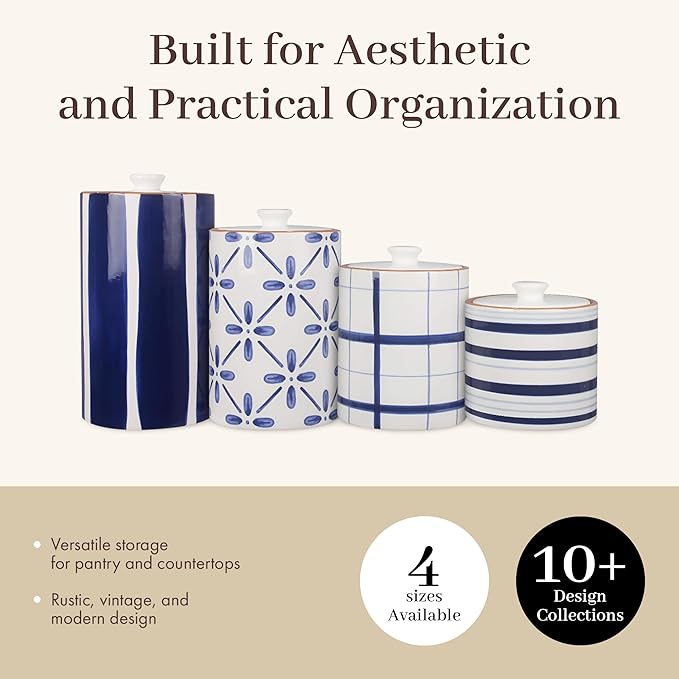 Young's Inc. 4 Pcs Set Cylindrical Ceramic Canisters- Storage Container for Kitchen and Bathroom - Beautiful Home Decor Accent to Store Food, Coffee, Tea, and More - White, Blue-Ruum Studio Home