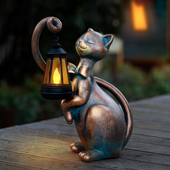 WHIMSYNOOK 10.7" Bronze Cat Solar Garden Statue Light – Cute Kitty Design, Bronze Finish, Solar-Powered LED, Outdoor Yard & Lawn Décor, for Cat Lovers, Mom, and Garden Enthusiasts-Ruum Studio Home