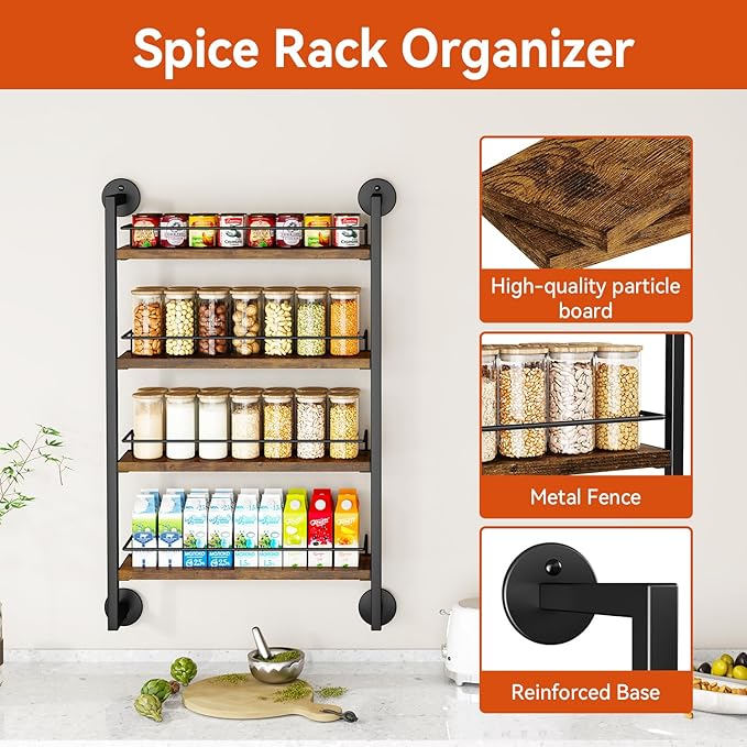 IBUYKE Spice Rack Wall Mount,4 Tier Hanging Seasoning Organizer,Large Spice Rack for Wall for up to 50 Jars,Spice Organization for Kitchen Cabinet,Bathroom,Pantry,Living Room,Brown TLJ016H-Ruum Studio Home