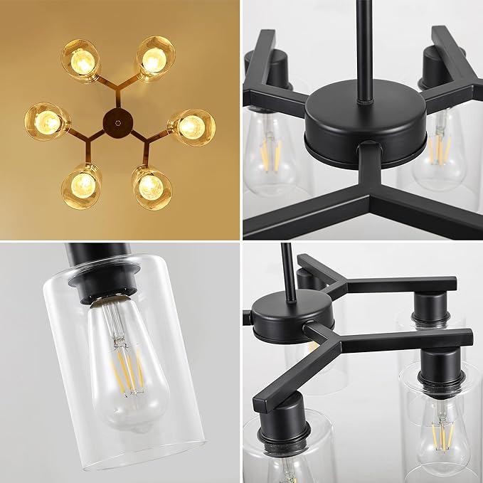 6-Light Black Modern Farmhouse Chandelier for Dining Room Ceiling Light Fixture with Clear Glass Shades, Adjustable Hanging Industrial Pendant Lighting for Living Room Kitchen Island Bedroom Entryway-Ruum Studio Home