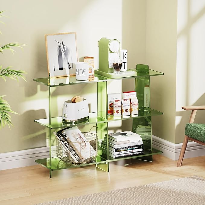 Acrylic Bookshelf, Small 3 Tier Open Bookcase for Small Spaces,Sofa Table, Hallway Entry Table for Home Living Room (Green, 39.4'' x 11.8'' x 31.5'')-Ruum Studio Home