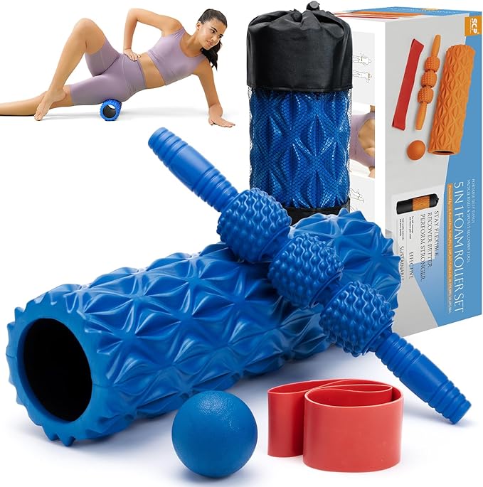 5 in1 Foam Roller Set, Trigger Point Foam Roller, Massage Roller Stick, Massage Ball, Resistance Band for Deep Muscle Massage Pilates Yoga,Fitness Exercise for Whole Body (Pure Blue)-Ruum Studio Home