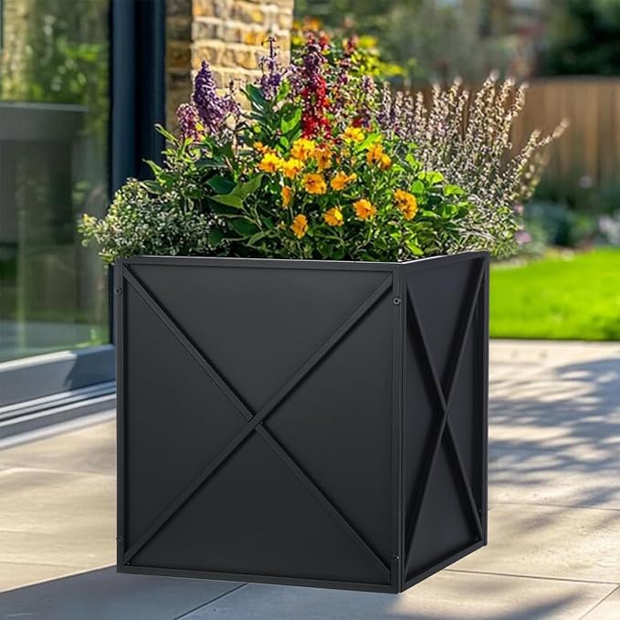 SUNNYPARK Large Metal Planter Box 17”x 17”x 18”, Square Modern Black Metal Planter Box Heavy Duty with Drainage Holes for Outdoor Garden Patio-Ruum Studio Home