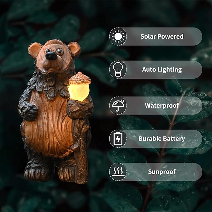 Bear Garden Figurines Outdoor Decor Solar Statue with LED Lights for Patio Lawn Yard Art Decoration Housewarming Garden Gift-Ruum Studio Home