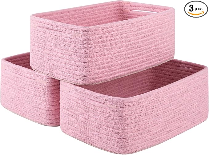 3 Pack Small Storage Baskets for Organizing, Cute Woven Decorative Gift Baskets for Shelves, Mini Closet Organizer Bins with Handles, 11.81''Lx7.87''Wx4.72''H-Pink-Ruum Studio Home