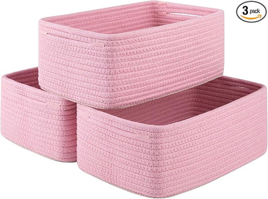 3 Pack Small Storage Baskets for Organizing, Cute Woven Decorative Gift Baskets for Shelves, Mini Closet Organizer Bins with Handles, 11.81''Lx7.87''Wx4.72''H-Pink-Ruum Studio Home